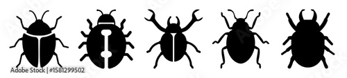 A graphical illustration of five diverse beetle silhouettes, all in black color