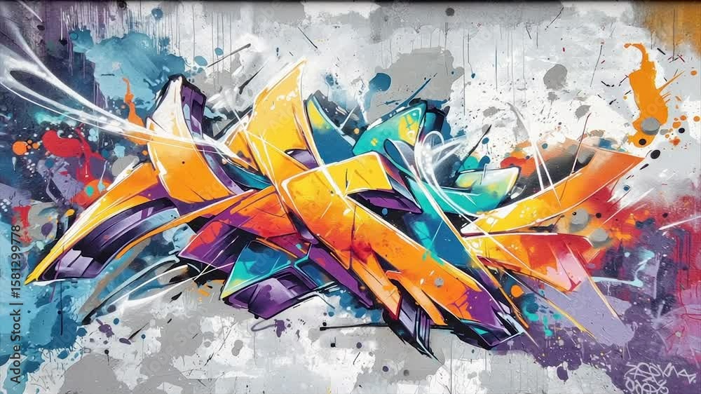 Vibrant, abstract graffiti art in orange, purple, teal, and white