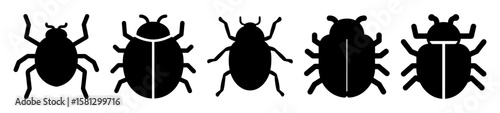 Collection of stylized beetles and bugs in black silhouette, standing side by side