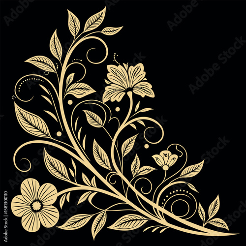 Elegant floral vine border silhouette design with ornate gold details on a white background