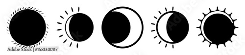 Lunar and Solar Phases Black and White Icon Set Vector Art