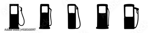 Five Silhouette Gas Station Pumps in a Row on White Background