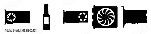 Monochrome depiction of GPUs and a bottle against white backdrop, high contrast