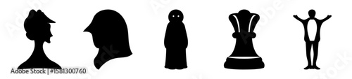 Monochrome silhouettes of various figures and a chess piece, a symbolic tableau