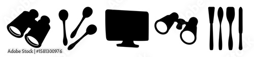Black and White Silhouette of Binoculars, Spoons, Monitor and Kitchen Tools
