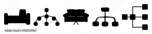 Stylized Graphic Representation of Furniture and Hierarchical Structures in Black Silhouette