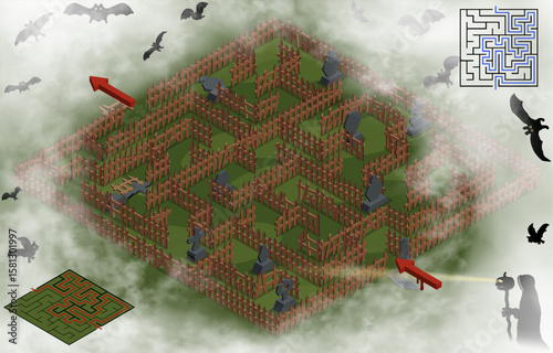 Halloween ssometric labyrinth  in the old cemetery with fence walls, tombs and gates surrounded by scary realistic mist clouds with flying bats. 3d horror maze game with enter and exit