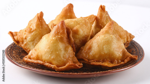Indian street food Punjabi samosa in a plate, isolated on tranparent background 