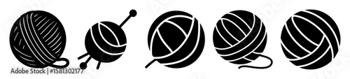 Collection of stylized yarn balls and knitting needles in black and white