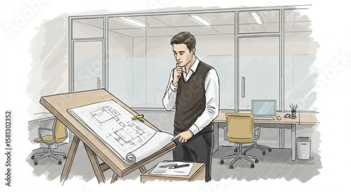 Thoughtful architect or engineer planning a project, examining blueprints on a drafting table in a modern office.