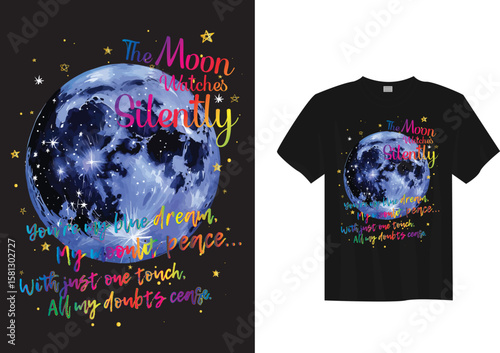 The Moon Watches Silently, Dreamy Night Sky Design T-shirt
