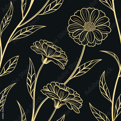 Wallpaper Mural Golden floral design seamless pattern botanical arrangement on black background Torontodigital.ca