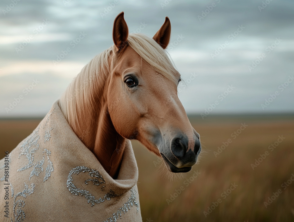 Obraz premium A horse wearing a dramatic couture cape, embroidered with silver threads that shimmer in the sunlight, standing in an open field with the wind gently blowing its mane. 