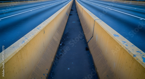 Highway Median Perspective Reveals Parallel Roads and Dividing Barriers