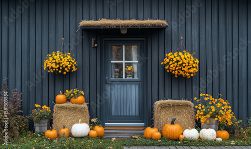 Charming autumn entrance with pumpkins and vibrant marigold flowers.