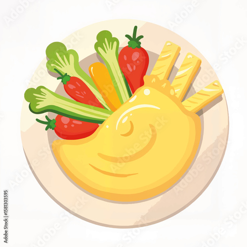 Colorful plate of assorted vegetables and yellow dip on table  