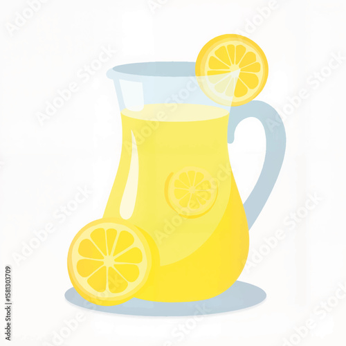 Refreshing lemonade pitcher with sliced lemons on white background  