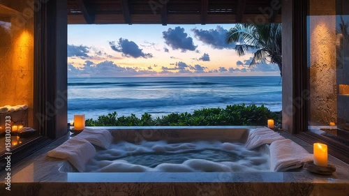 Tranquil oceanfront jacuzzi at sunset, offering luxurious relaxation