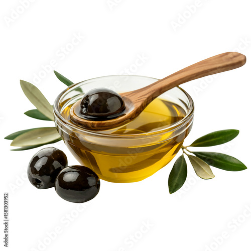 Fresh olives and olive oil in glass bowl with wooden spoon still life isolated on transparent background