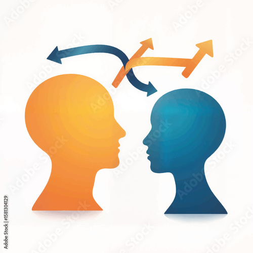 Abstract human heads with arrows indicating communication direction  