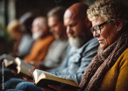 Diverse Group Sharing Bible Study in Cozy Living Room, Pages Turning as Faithful Conversation Unfolds