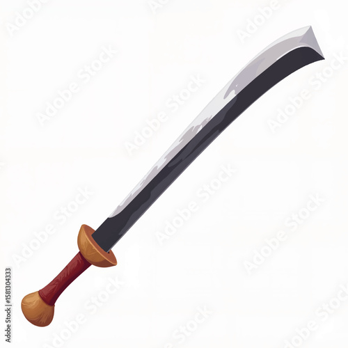 Cartoon sword with curved blade and wooden handle on white background  