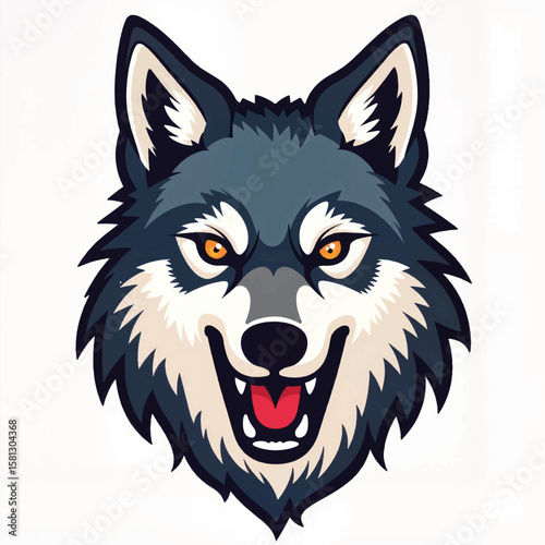 Wolf head illustration with fierce expression and detailed features  