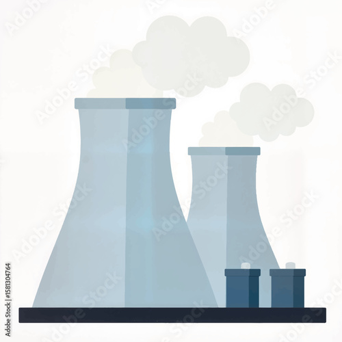 Industrial cooling towers emitting steam in contemporary style  