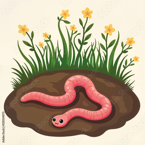 Cute pink worm resting in soil surrounded by yellow flowers and grass  