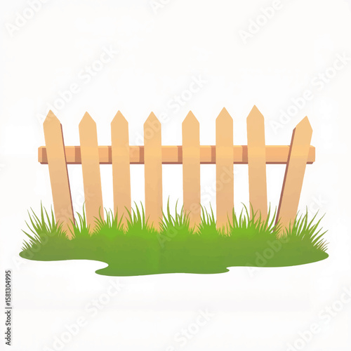 Wooden fence with grass on white background  