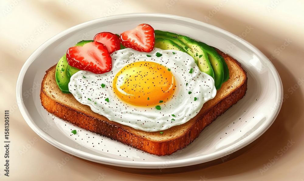 Delicious avocado toast topped with fried egg and fresh strawberries on a plate. Delicious avocado toast topped with fried egg and fresh strawberries on a plate.