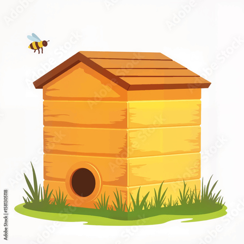 Cartoon bee house with bee flying above in grassy environment  