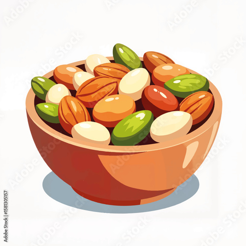 Assorted nuts in a terracotta bowl on a white background  