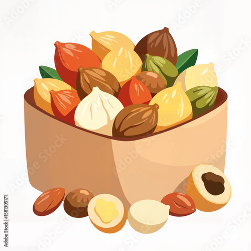 Assorted nuts in wooden bowl with leaves on white background  