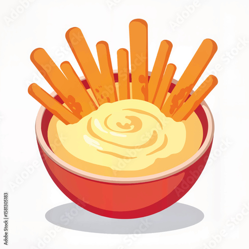 Snack bowl with dipping sauce and breadsticks on white background  