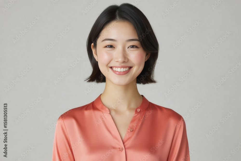 A smiling Asian woman with short, dark hair gazes directly at the camera while wearing a peach-colored shirt. A smiling Asian woman with short, dark hair gazes directly at the camera while wearing a peach-colored shirt.