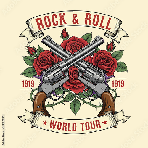 Retro rock and roll graphic with crossed revolvers and red roses, a vintage style design for music enthusiasts and nostalgic themes, suitable for apparel prints or logo elements.