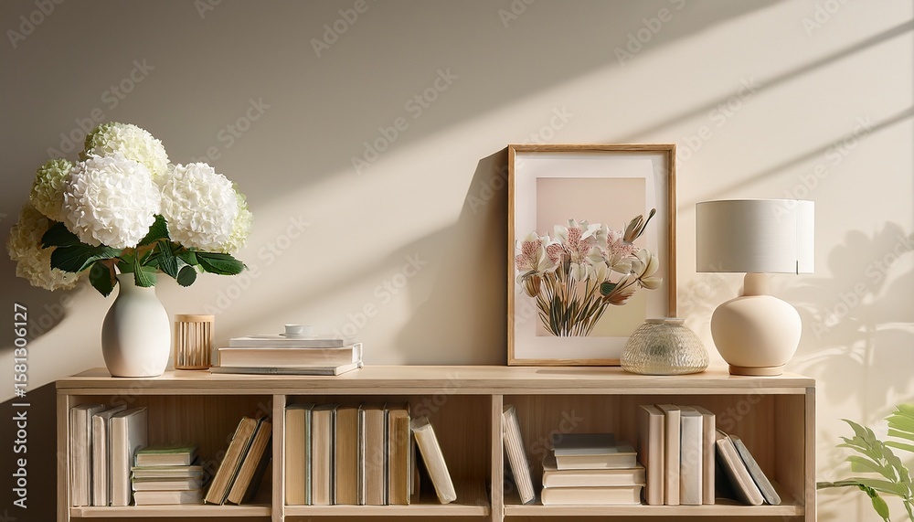 Obraz premium minimalist beige bookshelf with books white hydrangeas lamp and framed art zoom virtual background virtual meeting cozy interior backdrop stylish living room design contemporary spaces