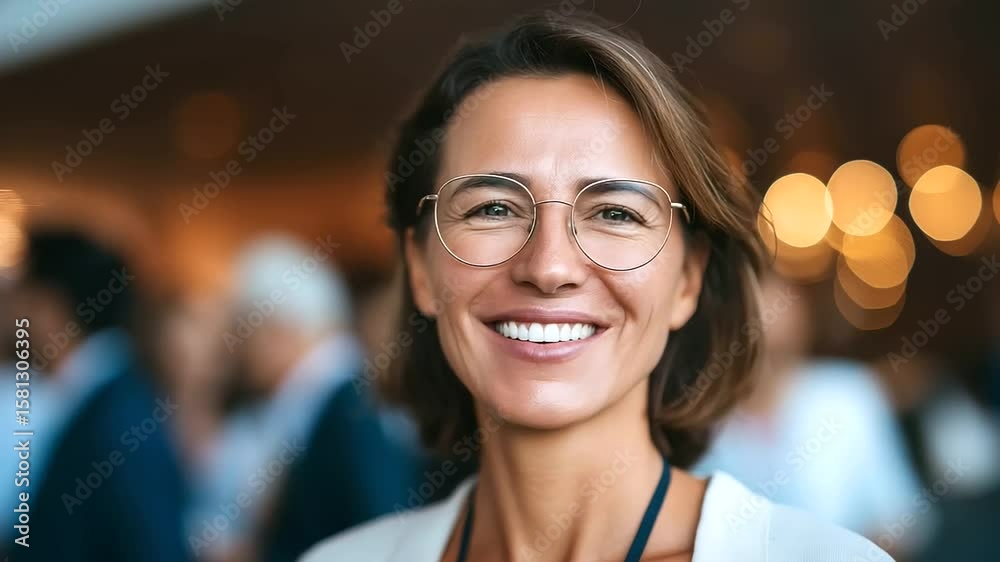 Confident businesswoman engaging in networking at a professional conference.