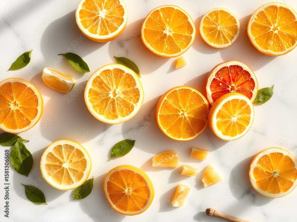 Obraz premium Citrus fruit slices creatively arranged on white marble with natural light and minimalist styling for freshness