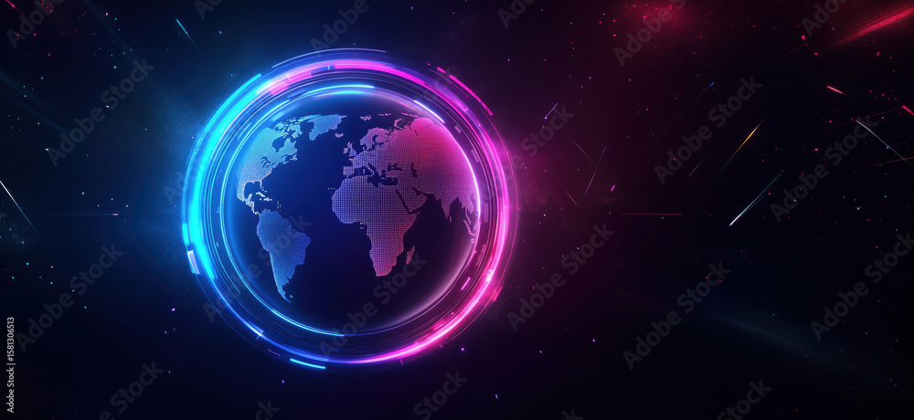Obraz premium Futuristic digital globe with vibrant neon lights and cosmic background.