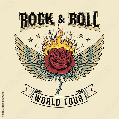 Rock and Roll design featuring a vibrant rose with wings and flames, perfect for music posters, t-shirt prints, and concert branding that captures the rebellious spirit.