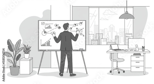 Businessman presenting a strategic business plan on a whiteboard with charts and graphs in a modern office.