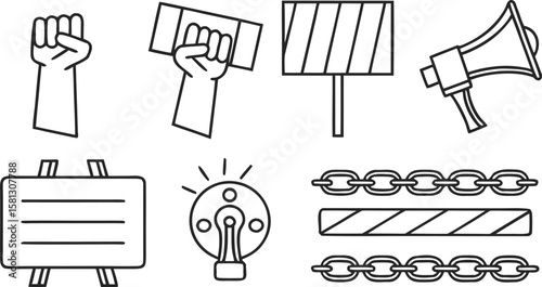 Black and White Line Art Set Depicting Protest Activism Symbols Including Raised Fist Sign Megaphone and Chains