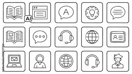 Fifteen Black and White Line Art Icons Depicting Online Learning Communication and Global Connectivity Concepts Including Books Webpages