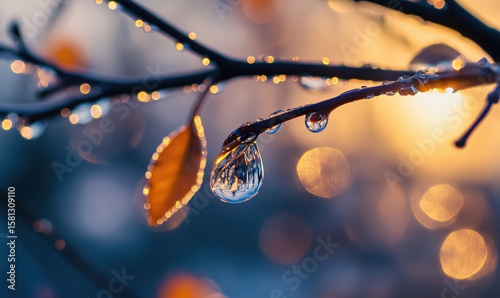 Dew Drops on Branches at Sunrise with Bokeh Effect and Autumn Leaves.