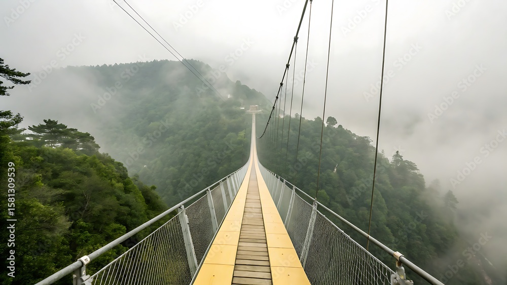 Obraz premium Suspension Bridge Over Green Forest Mountains Disappearing in Fog, Long Elevated Walkway, Exploration Destination, Scenic View.