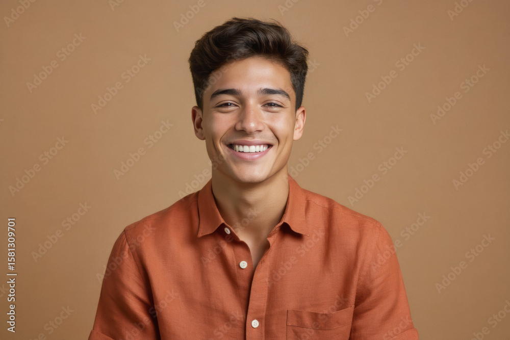 Obraz premium A young man with dark hair and a warm smile gazes directly at the camera, wearing a casual orange shirt against a solid brown background.