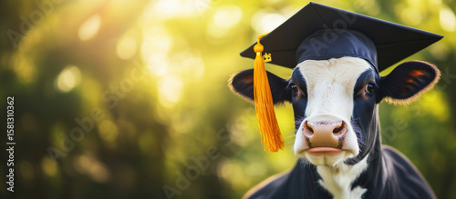Graduation cow wearing cap and tassel in sunny outdoor setting.