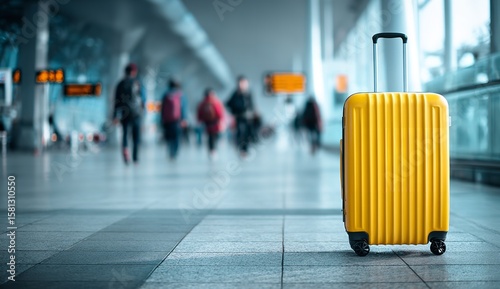 Yellow Suitcase in Foreground at Busy Airport Terminal with Blurred Travelers and Windows in Background